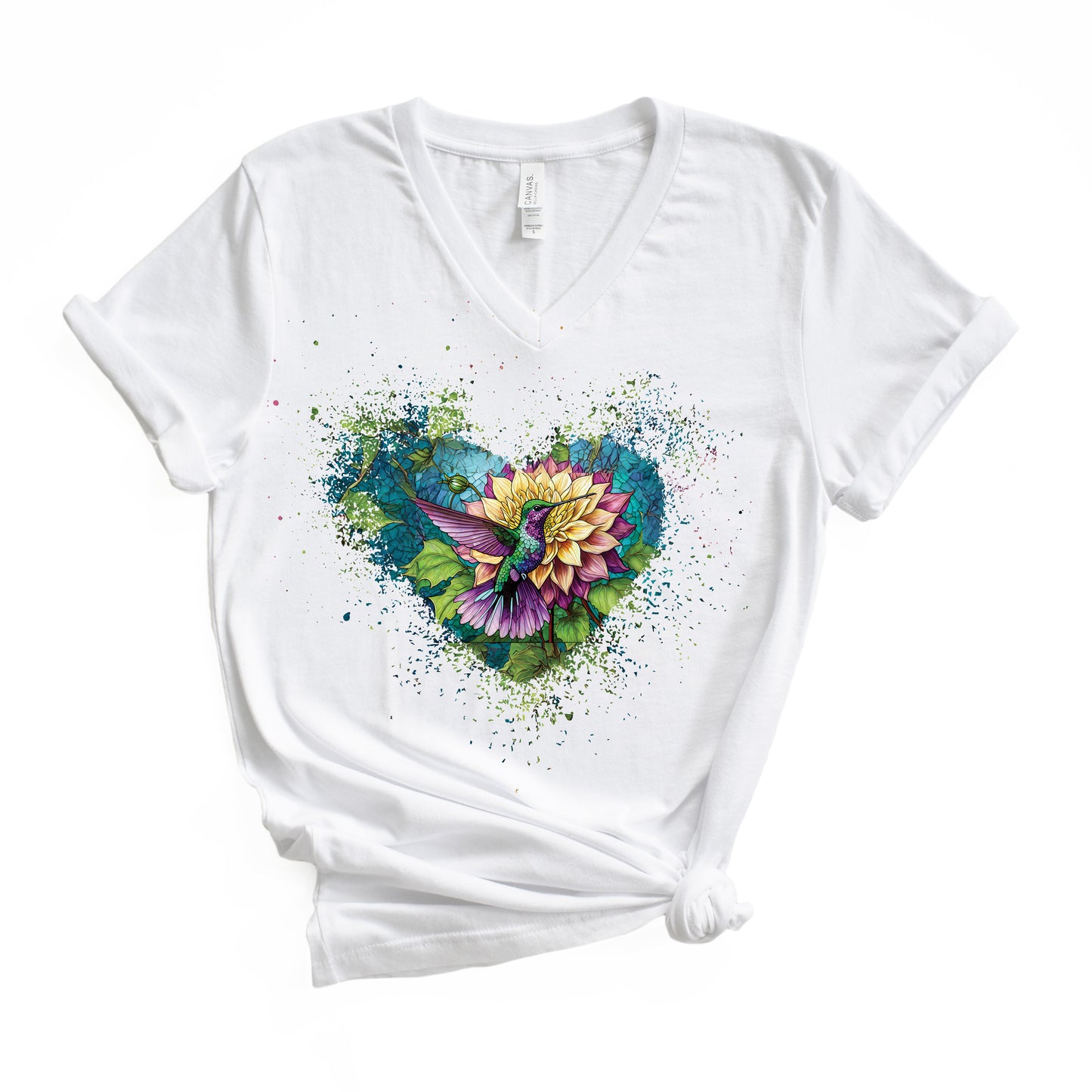 Stained Glass Hummingbird Tshirt Garden Lovers Shirt Jersey Short Sleeve V-Neck Tee