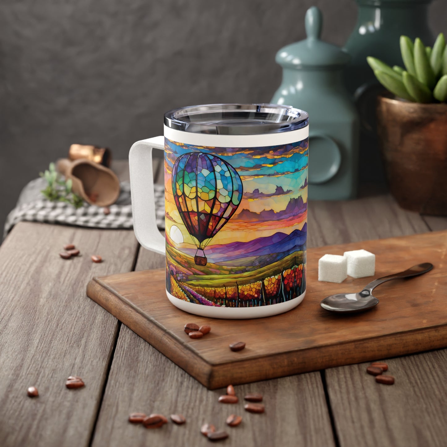 Hot Air Balloon Wine Country Insulated Coffee Mug, 10oz