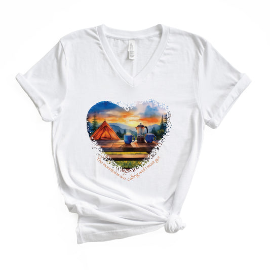 The Mountains Are Calling, Jersey Short Sleeve V-Neck Tee