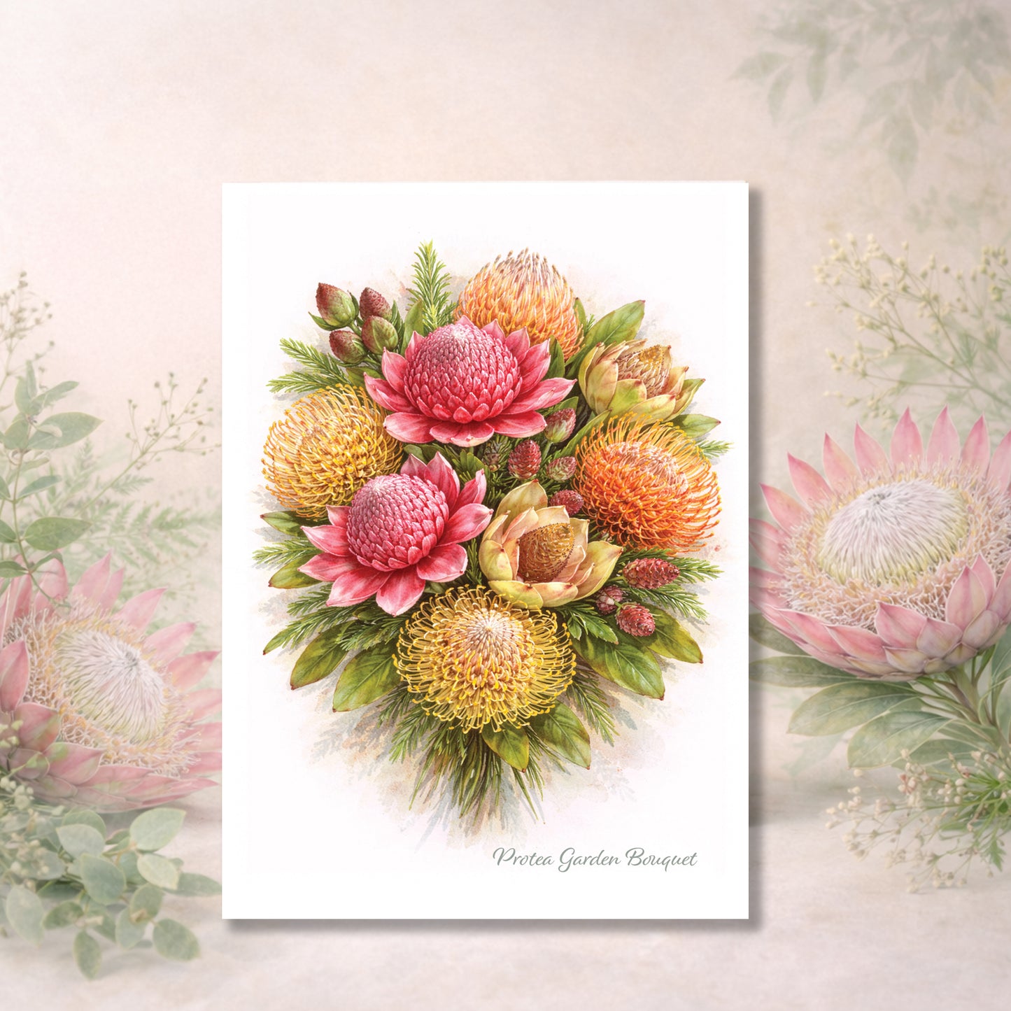 Protea Garden Bouquet Greeting Cards