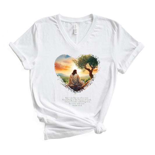 Olive Tree in the House of God, Jersey Short Sleeve V-Neck Tee