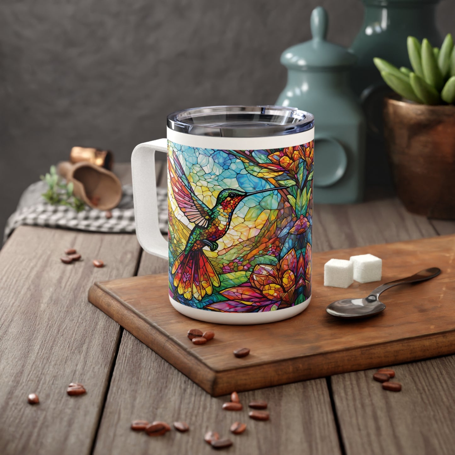 Hummingbird Stained Glass Insulated Coffee Mug, 10oz